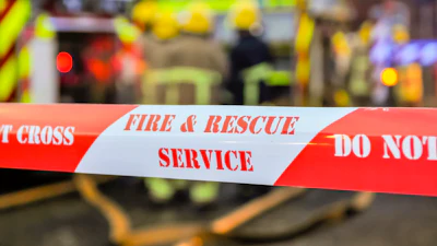 Red and white fire and rescue service barrier tape with 'Do Not Cross' warning at emergency scene with vehicles in background