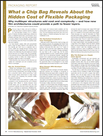 Packaging Report article on chip bag flexible packaging complexity with product photo and text