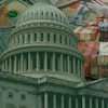 U.S. Capitol dome overlaid with dollar bills and stacked shipping containers symbolizing government, finance, and international trade.