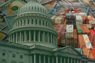 U.S. Capitol dome overlaid with dollar bills and stacked shipping containers symbolizing government, finance, and international trade.