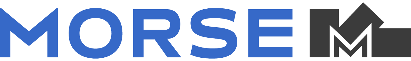 MORSE logo featuring blue text with abstract gray geometric symbol