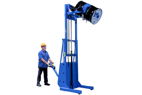 Worker operating blue industrial drum lifter with safety equipment for material handling