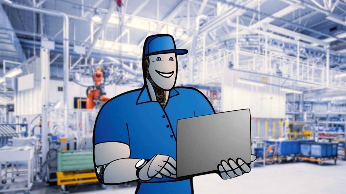 Smiling technician in blue uniform holding laptop in modern factory warehouse setting