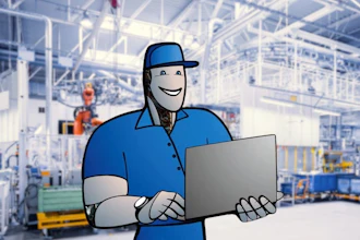 Smiling technician in blue uniform holding laptop in modern factory warehouse setting