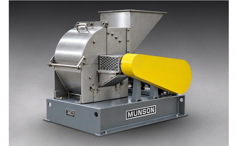 Munson industrial material processing machine with silver drum mixer and yellow feed hopper