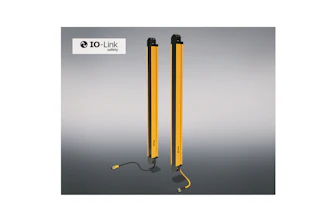 Two yellow and black IO-Link Safety light curtain sensors displayed against gradient background
