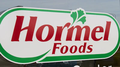 Hormel Foods storefront sign with red text and green decorative border featuring parsley leaf icon