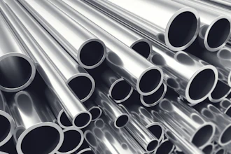 Stacked polished metal tubes and pipes arranged diagonally showing circular openings and reflective surfaces