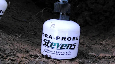 DORA-PROBE Stevens water monitoring probe inserted in soil during field measurement